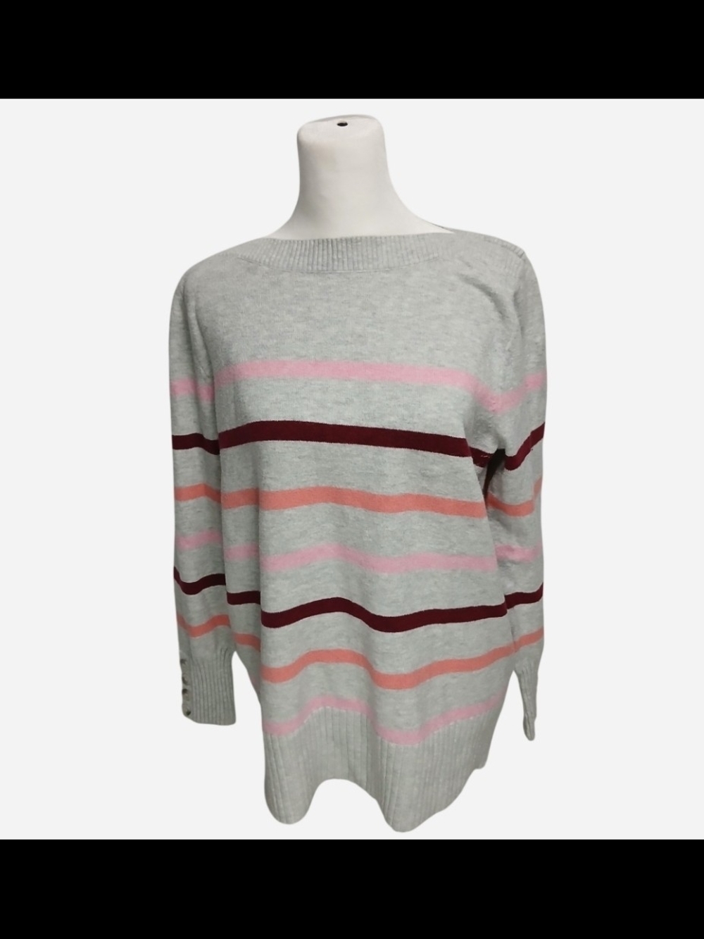 LOFT Light Gray Crewneck Sweater with Pink, Coral and Burgundy Stripes